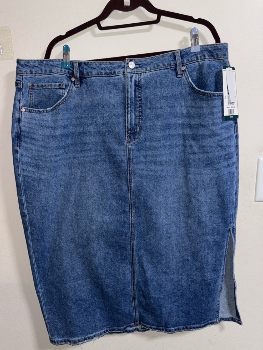 Edited by Remi Bader 18W Light Wash Denim Midi Skirt Raw Hem Side Slit NWT